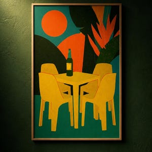 May include: A framed art print showing a stylized outdoor scene. The artwork features a yellow table and chairs, a green bottle, and an orange sun against a teal and green background. The print is in a wooden frame.