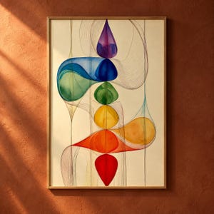 May include: A framed vertical wall art piece featuring a series of stacked, translucent, teardrop-shaped watercolour forms in a spectrum of colours including purple, blue, green, yellow, orange, and red, connected by delicate, fine black line work.