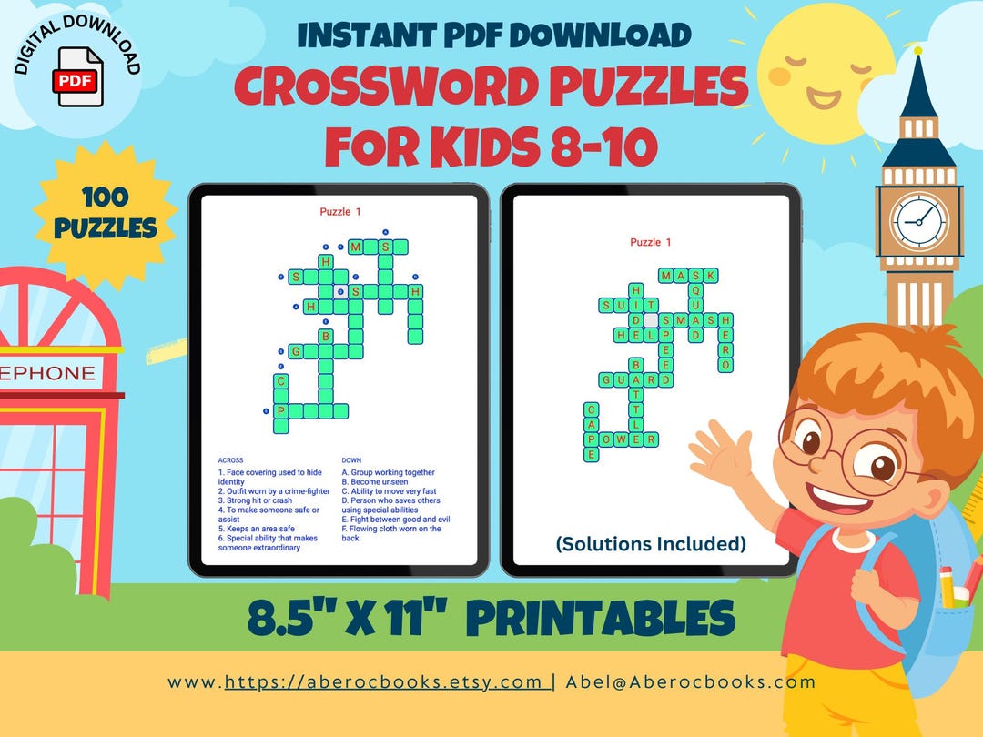 100 Crossword Puzzles for Kids 8-10, Printable Activity Worksheets