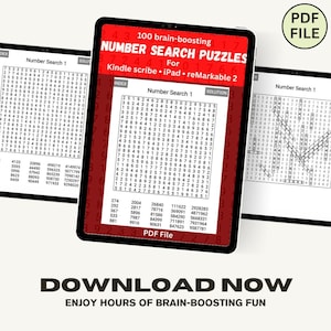 May include: A digital tablet displays a red-bordered screen with the text "100 brain-boosting NUMBER SEARCH PUZZLES." The image shows multiple puzzles, with the words "DOWNLOAD NOW" and "ENJOY HOURS OF BRAIN-BOOSTING FUN" at the bottom.