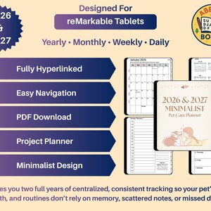 May include: A digital pet care planner for reMarkable tablets, with a minimalist design. Includes yearly, monthly, weekly, and daily views for 2026 and 2027. Features include fully hyperlinked pages, easy navigation, and PDF download.