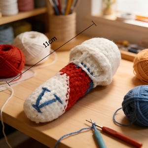 May include: A handmade crochet microphone, approximately 4.3 inches long, in white, red, and blue. The microphone features a white top and a red and white body with blue accents and a blue letter "V". Yarn and crochet hooks are in the background.