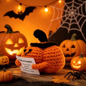 Könnte beinhalten: Ein gehäkelter orangefarbener Kürbis aus Garn mit einem schwarzen Stiel und kleinen schwarzen Augen, der eine weiße Karte hält mit der Aufschrift: Positive Pumpkin, I may be a tiny pumpkin, but I believe in you. Go do your things!