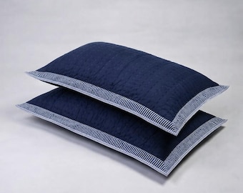 Navy Blue Quilted Pillow Sham, Striped Border Cushion Cover, Modern Minimal Bedding Decor  Size 18 × 28 inches