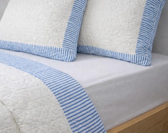 White Quilt Set with Blue Stripe Border – Cotton Bedspread & 2 Pillow Covers – Modern Farmhouse Bedding Hand-stitched Kantha