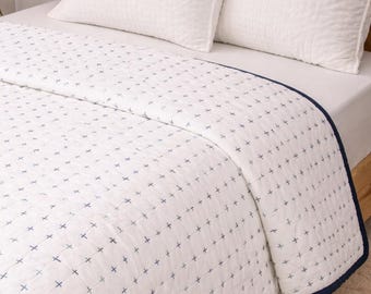 Handmade White Kantha Quilt Bohemian Bedspread Cotton Throw Blanket Minimalist Bedding Gift for Home Blue Border