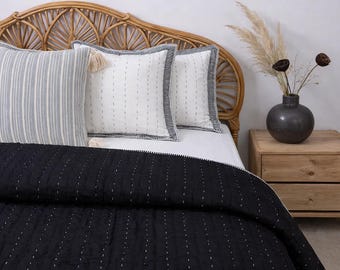 Luxury Black Cotton Quilt | Hand Quilted Bedspread | Minimal Modern Bedding | Indian Handmade Textile Hand-stitched Kantha