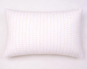 White Cushion Cover with Yellow Stitch, Minimalist Pillow Cover, Geometric Textured Pillow, Modern Sofa Cushion, Handmade Home Dec