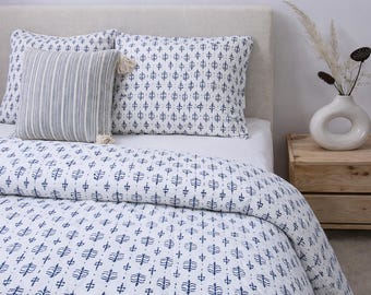 Blue & White Cotton Quilt | Hand Block Printed Bedspread | Minimal Boho Bedding | Artisan Home Decor Hand-stitched Kantha