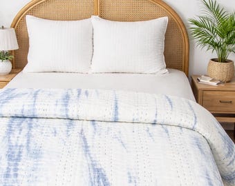 Handmade Blue Tie Dye Kantha Quilt, 100% Cotton Bedding, Reversible Indian Bedspread, Boho Bohemian Throw Blanket Hand-stitched Kantha