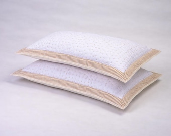 White Quilted Kantha Pillow Sham, Beige Striped Border Cushion Cover, Minimal Bedroom Decor Size: 18 × 28 inches