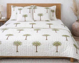 Luxury Palm Tree Cotton Quilt | Handmade Quilted Bedspread | Sustainable Tropical Bedding