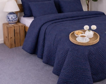 Navy Blue Quilted Bedspread Set with Decorative Pillows – Soft, Cozy Bedding for Bedroom Decor Hand-stitched Kantha