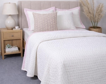 Pink Border Kantha Quilt | Handmade Cotton Bedspread | Hand-stitched Kantha