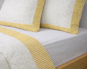 White Cotton Quilt Set Yellow Stripe Border – Modern Farmhouse Bedding – Hand-stitched Kantha