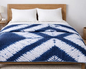 Luxury Indigo Tie Dye Quilt | Hand Quilted Cotton Bedspread | Sustainable Indian Bedding Hand-stitched Kantha