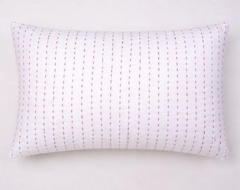 White Cushion Cover with Red Stitch, Minimalist Pillow Cover, Geometric Textured Pillow, Modern Sofa Cushion, Handmade Home Decor