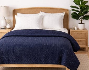 Navy Blue Cotton Kantha Quilt 100% Cotton Bedspread Hand-stitched Kantha