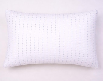 White Cushion Cover with Blue Stitch, Minimalist Pillow Cover, Geometric Textured Pillow, Modern Sofa Cushion, Handmade Home Decor