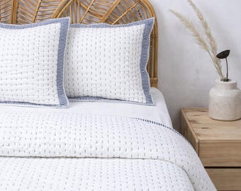 Handmade White Kantha Quilt Bedding – Blue Trim Cotton Bedspread, Modern Farmhouse  Decor Hand-stitched Kantha