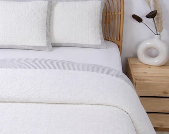 White Quilted Cotton Quilt with Grey Stripe Border, Minimalist Bedding Set, Handcrafted Luxury Quilt Hand-stitched Kantha