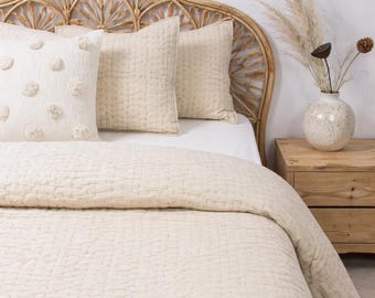 Handmade Cotton Quilted Bedspread | Neutral Ivory Boho Bedding | Block Print Quilt | Sustainable Indian Home Decor Hand-stitched Kantha