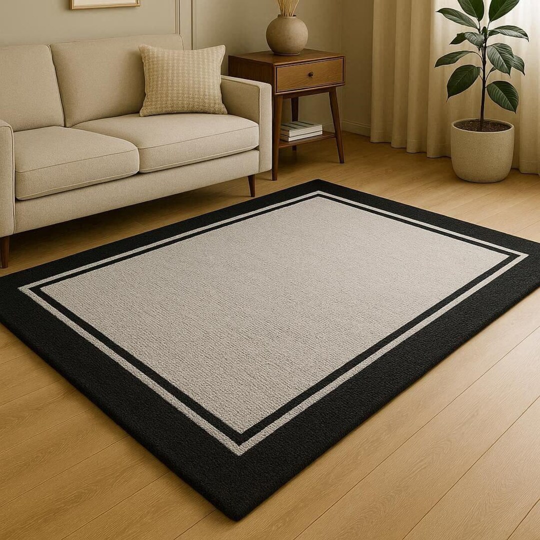 Handtufted Wool Rug Black Border Minimalist Beige Area Carpet Modern ...