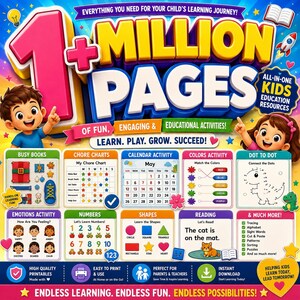 May include: A colourful educational resource bundle titled 1 Million Pages featuring cartoon children and various activity sheets including chore charts, calendars, colour matching, dot-to-dot, emotions, numbers, shapes, and reading exercises for kids.