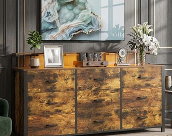 Handmade Modern Carved Wood TV Stand, Wooden Dresser with Nine Drawers Designed for The Bedroom, Solid Wood Media Console, Living Room