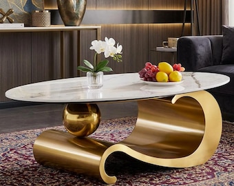 Modern Oval Faux Marble Coffee Table with Metal Base, Luxury Living Room Furniture for Home Decor, Luxury Center Table for Living Room
