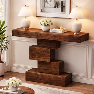 May include: A dark brown wooden console table with a unique geometric base. Two white ceramic lamps with gold accents sit on the table, along with a vase of white flowers and books. The table is against a cream-colored wall.