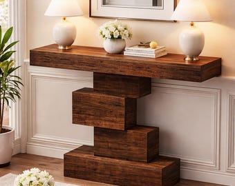 Farmhouse Console Table, Narrow Wood Sofa Table Behind Couch with Geometric Base, Farmhouse Entryway Accent Table for Living Room, Hallway