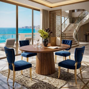 May include: A luxurious dining room with an oval wooden table and four blue velvet chairs with gold trim. The table is set with a vase of flowers, glasses, and a pitcher. The room has large windows overlooking the ocean.