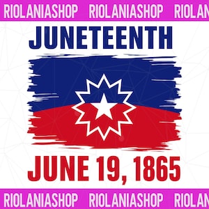 May include: A graphic design featuring the text JUNETEENTH in dark blue at the top and JUNE 19, 1865 in red at the bottom. In the center is a brushstroke-style flag with a blue top half, red bottom half, and a white star inside a white burst.