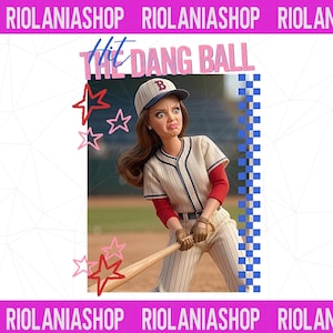 May include: A doll in a baseball uniform with the text "Hit the Dang Ball." The doll wears a striped baseball uniform with red sleeves, a baseball cap, and holds a bat. Pink stars and a blue and white checkered pattern are also in the image.