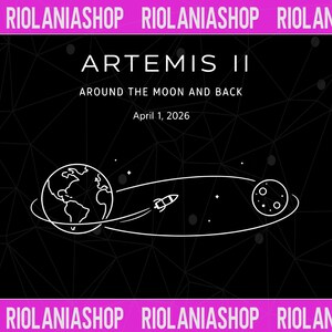 May include: Black graphic with white line art of Earth, a rocket, and the moon. Text reads "ARTEMIS II", "AROUND THE MOON AND BACK", and "April 1, 2026". The background is black with a geometric pattern.