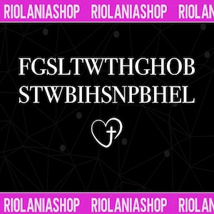 May include: Black background with white text and a heart-shaped cross symbol. The text includes the words "FGS..." and "STW..." and the shop name "RIOLANIASHOP" in pink.