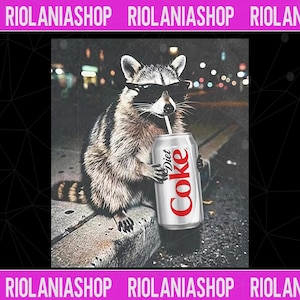 May include: A raccoon wearing sunglasses is depicted drinking from a Diet Coke can with a straw. The raccoon is sitting on a concrete ledge with a blurred background of city lights. The can is silver with red text.