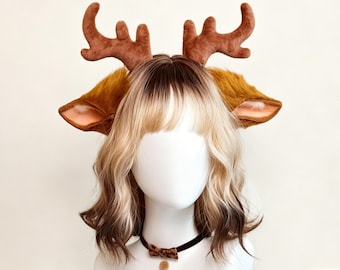 Faux Fur Deer Antler Ears Tail Wig Choker Set Cosplay Costume Handmade Cosplay Accessory for Furry Fans kemonomimi Kawaii Cute Deer Outfit