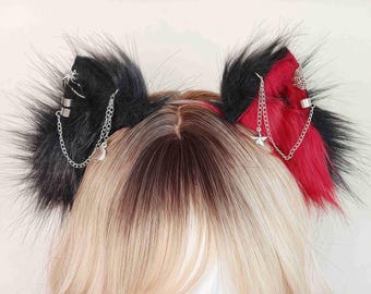 Black Red Faux Fur Demon Cat Ears Tail Wig Spider Choker Set Gothic Kemonomimi Halloween Cosplay Anime VTuber Fantasy Outfit Costume Set Rav