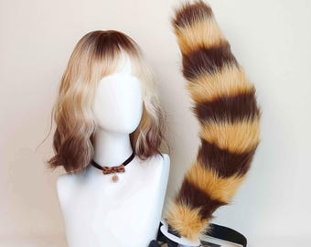 Cream Brown Raccoon Faux Fur Tail Wig Collar Set Kawaii Kemonomimi Furry Cosplay Anime Game Roleplay Fantasy Beast Gift For Her Party Outfit