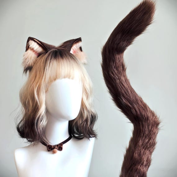 Faux Fur Cat Ears Headband Tail Choker Wig Set | Pet Play Kitten Costume | Handmade Cosplay Accessory for Furry Fans kemonomimi