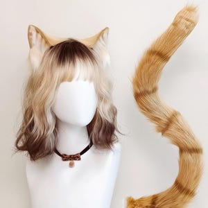 Conjunto de orejas, cola y gargantilla de piel sintética de gato jengibre, atigrado naranja, cosplay, peludo, kemonomimi, regalo, convención de anime, fiesta, transmisión en vivo, atuendo kawaii