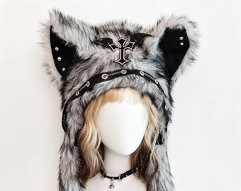 Handgemachte graue Wolf Katze Ohr Hut Kunstpelz Kapuze lockigen Schwanz Choker Set Goth Punk Dark Fantasy Kemonomimi Cosplay Halloween Kostüm Geschenk für sie