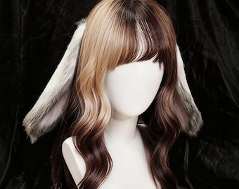 Set di cerchietto con orecchie da coniglio nano grigio e rosa in pelliccia sintetica, fatto a mano, stile Kawaii Kemonomimi, regalo per cosplay, anime, Halloween, accessorio per costume personalizzato.
