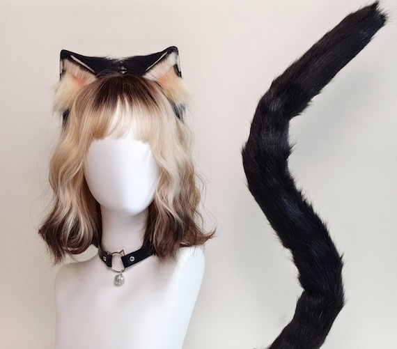 Realistic Black Faux Fur Cat Ears Tail wig Choker Set furry Pet Play Kitten Costume Handmade Cosplay Accessory for Furry Fans kemonomimi