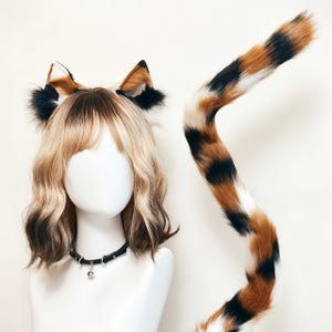 May include: A set of faux fur cat ears and a long matching tail featuring a tri-color pattern of black, orange, and white. The ears are attached to a headband, and the tail is curved. A black choker with a small silver bell is also included.