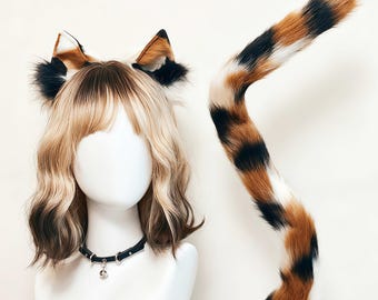 Realistische Kunstpelz Calico Katzenohren Schwanz Perücke Choker set furry Pet Play Kätzchen Kostüm Handmade Cosplay Accessoire for Furry Fans kemonomimi