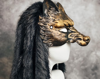 Handgefertigte schwarze Wolf Maske Kunstpelz Kapuze Schwanz Klauen Set Dark Fantasy Masquerade Cosplay Halloween Therian Kemonomimi Kostüm Geschenk für Sie