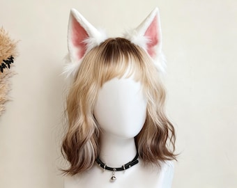Semi Realistic White Fox Faux Fur Ears Wig Collar Set Kawaii Kemonomimi Fantasy Anime Cosplay Gift For Her Gamer Streamer Outfit Neko Ears